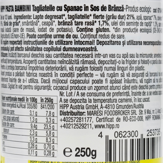 Paste tagliatelle eco cu sos de spanac,+12 luni, 250g
