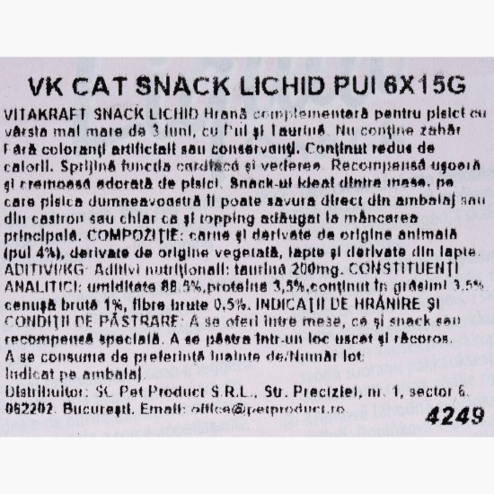 Snack lichid pentru pisici, cu pui și taurină, 6x15g