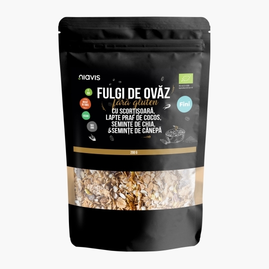 Fulgi de ovăz fini eco, fără gluten, cu scorțișoară, lapte praf de cocos, semințe de chia și semințe de cânepă 200g