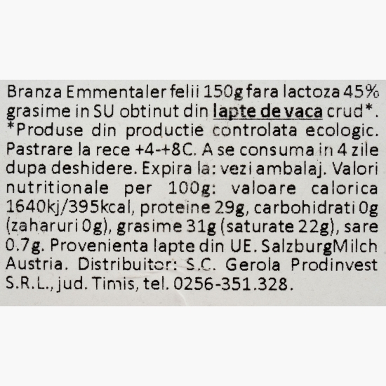 Brânză Emmentaler fără lactoză, 45% grăsime, felii, 150g