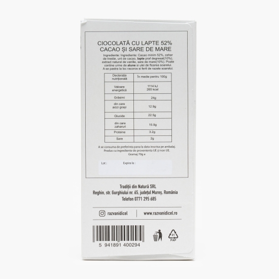 Ciocolată cu lapte și sare de mare, 52% cacao, 70g