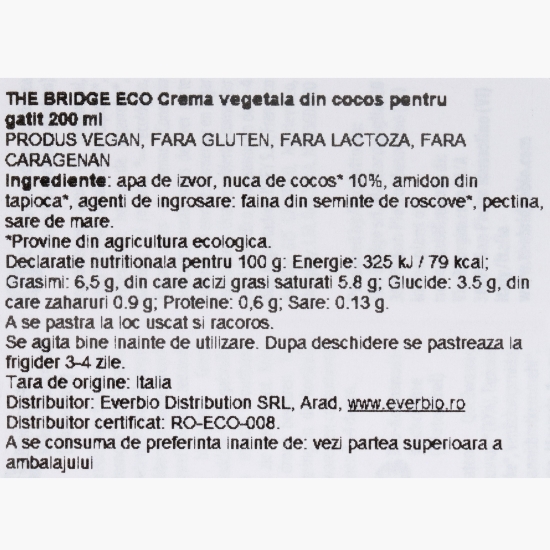 Cremă ecologică vegetală din cocos pentru gătit, fără lactoză, 0.2l