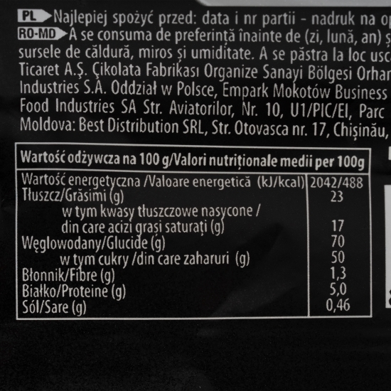 Baton cu glazură de ciocolată cu lapte și interior de nuga cu cacao, caramel și biscuiți 40g