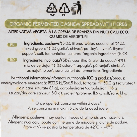 Specialitate vegetală eco Creamy Cashew Herbs din nuci caju 140g