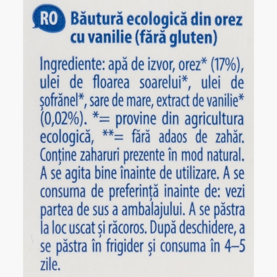Băutură ecologică din orez cu vanilie, fără gluten și zahăr adăugat 1l