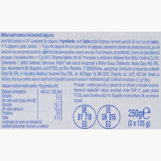 Iaurt fără lactoză, cu căpșuni, 2x125g