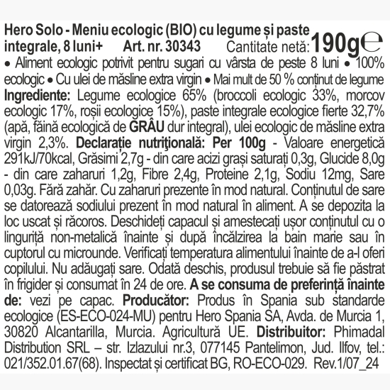 Meniu eco cu legume și paste integrale 190g, +8 luni
