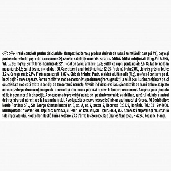Hrană umedă pentru pisici, 85g, Mini fileuri în sos cu pui și somon