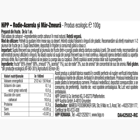 Piure eco din fructe cu rodie, acerola, mere și zmeură 100g