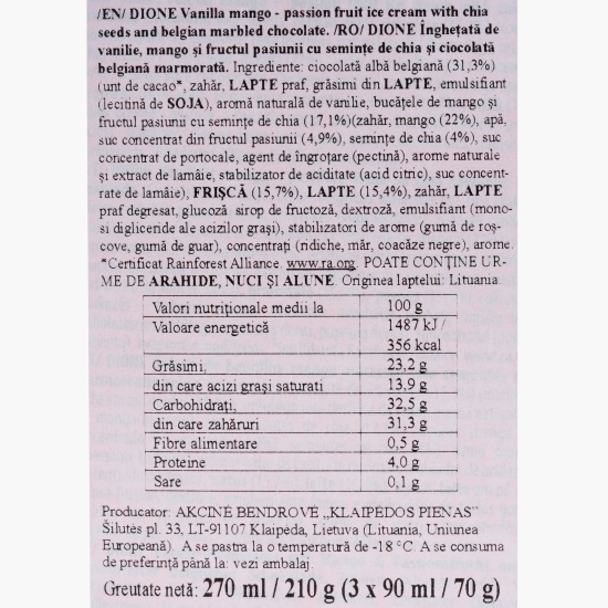 Înghețată de vanilie, mango și fructul pasiunii, cu semințe de chia și ciocolată belgiană marmorată, 3x90ml (3x70g)