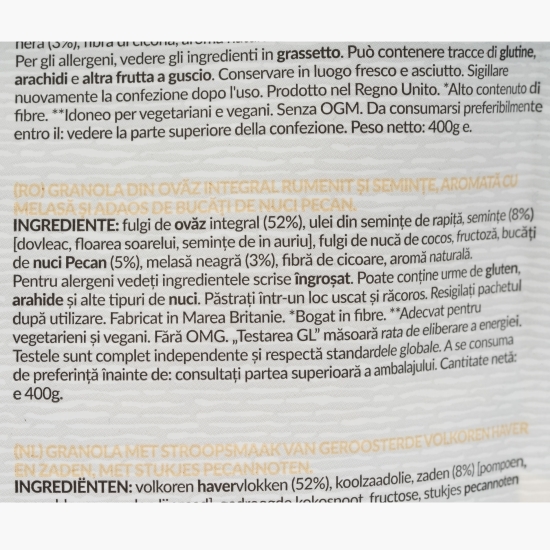Musli din ovăz integral rumenit și semințe, cu melasă și nuci pecan 400g