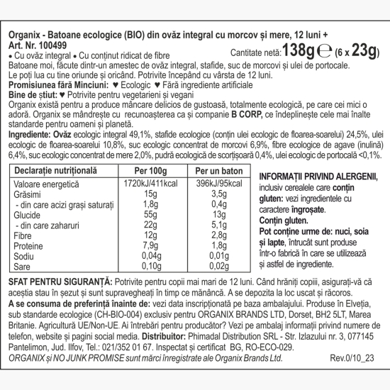 Batoane ecologice din ovăz integral cu morcov și mere, 6x23g, 12+ luni