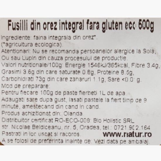 Paste eco fusilli din orez integral, fără gluten 500g