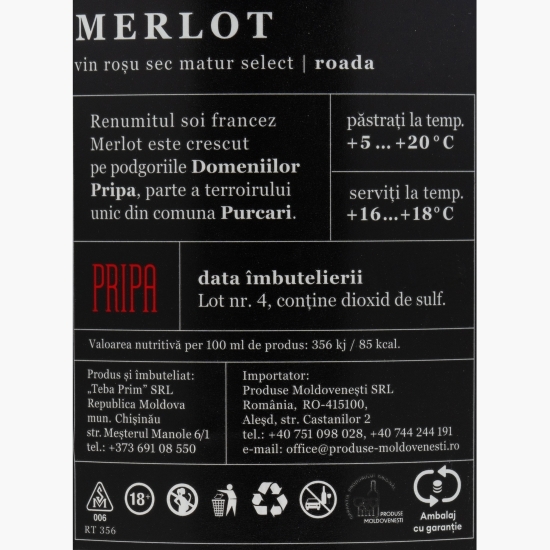 Vin roșu sec Merlot, 14.5%, 0.75l