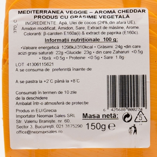 Specialitate vegană cu aromă de cheddar, feliată, Veggie 150g