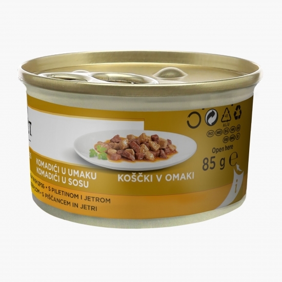 Hrană umedă pentru pisici, 85g, Mini fileuri în sos cu pui și ficat 