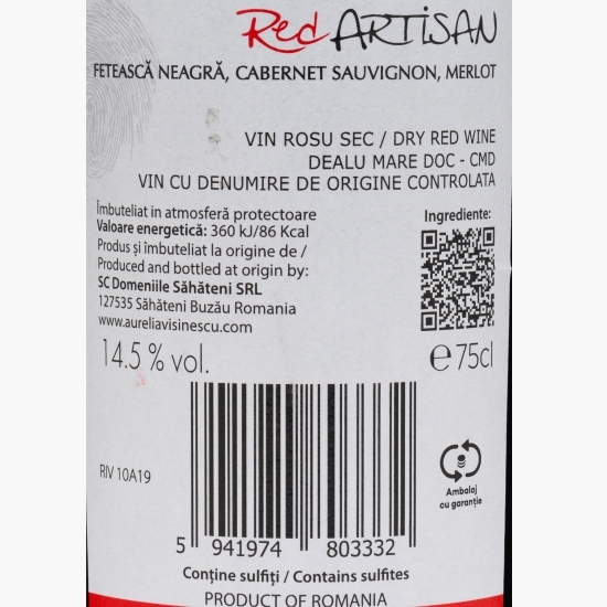 Vin roșu sec Fetească Neagră, Merlot și Cabernet Sauvignon, 14.5%, 0.75l