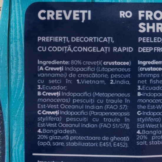 Creveți Jumbo prefierți, decorticați, cu codiță, 500g