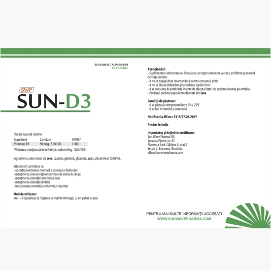 Sun-D3,  supliment alimentar cu vitamina D3, 60 capsule