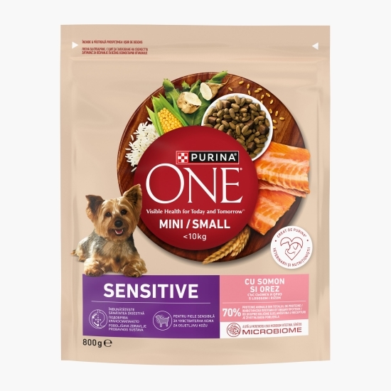 Hrană uscată pentru câini de talie mică One Mini Sensitive, 800g, cu somon și orez