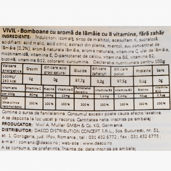 Bomboane multivitamine cu lămâie, fără zahăr 60g