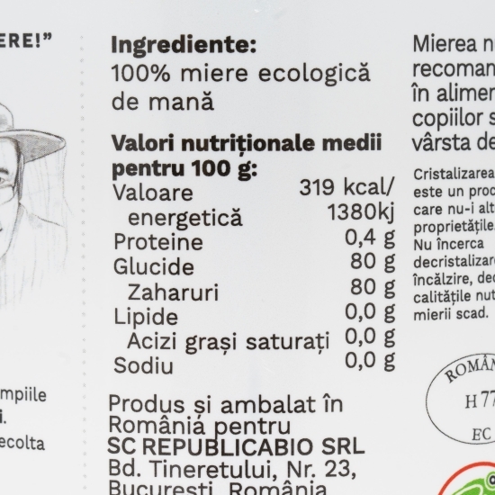 Miere de mană crudă, ecologică 700g