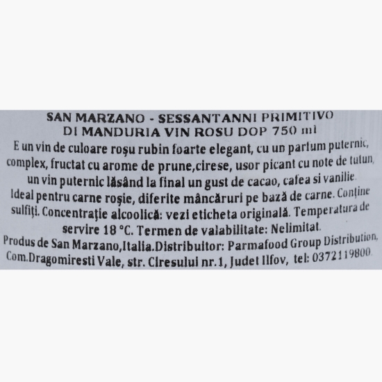 Vin roșu sec Sessantanni Primitivo di Manduria DOP, 14.5%, 0.75l