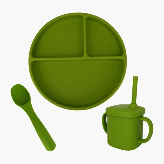 Set diversificare din silicon: farfurie rotundă compartimentată + linguriță + cană, verde