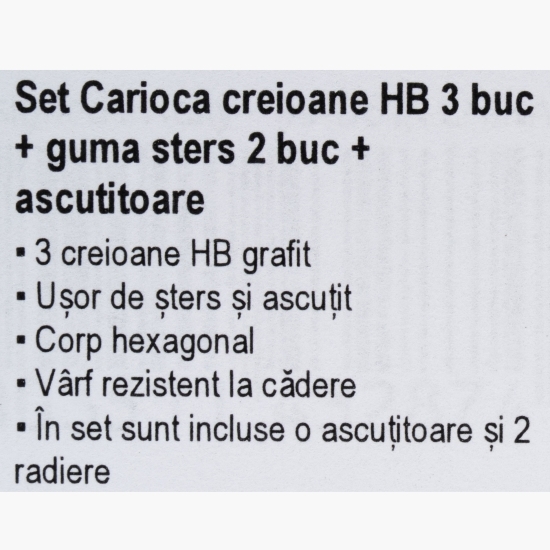 Set 3 creioane HB, 2 radiere + ascuțitoare