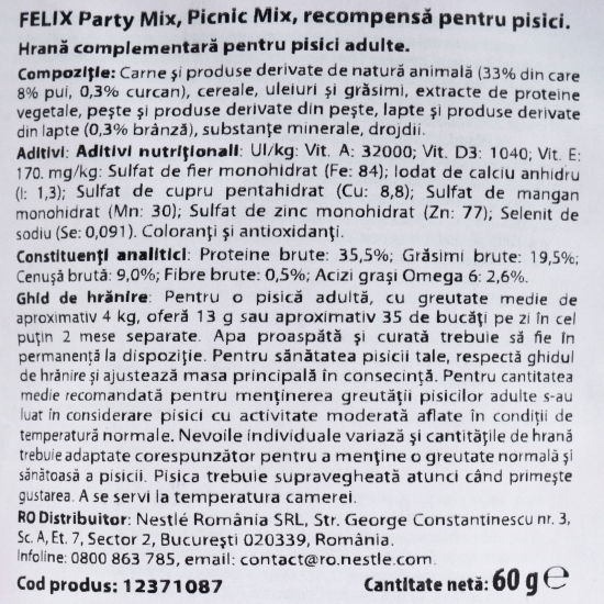Recompensă pentru pisici adulte Party Mix Picnic, 60g, cu pui, brânză și curcan