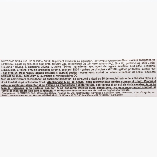 BCAA shot lichid, fără zahăr adăugat, 60ml