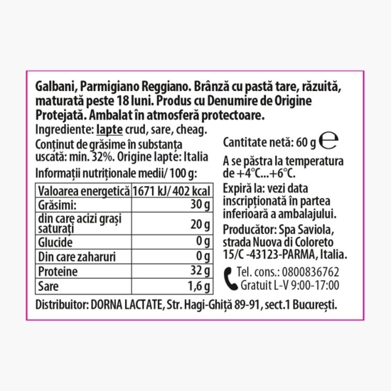 Brânză Parmigiano Reggiano cu pastă tare, răzuită și maturată peste 18 luni 60g