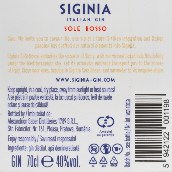Gin Sole Rosso, 40%, 0.7l