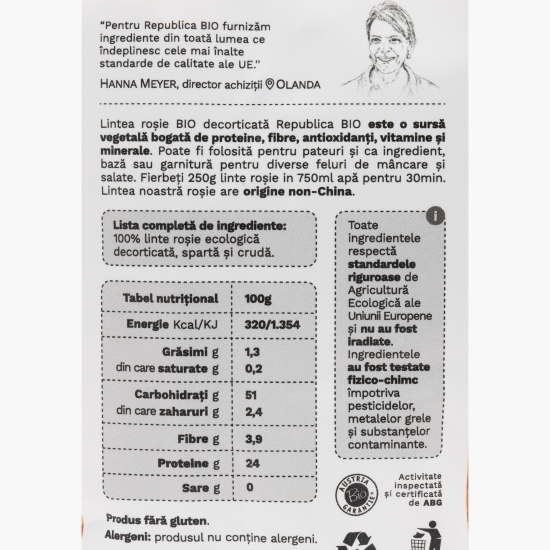 Linte roșie ecologică decorticată, fără gluten 500g