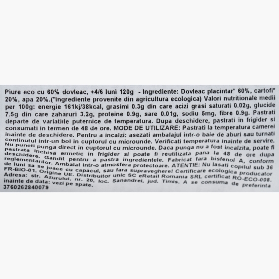 Piure eco cu 60% dovleac, +4/6 luni, 120g