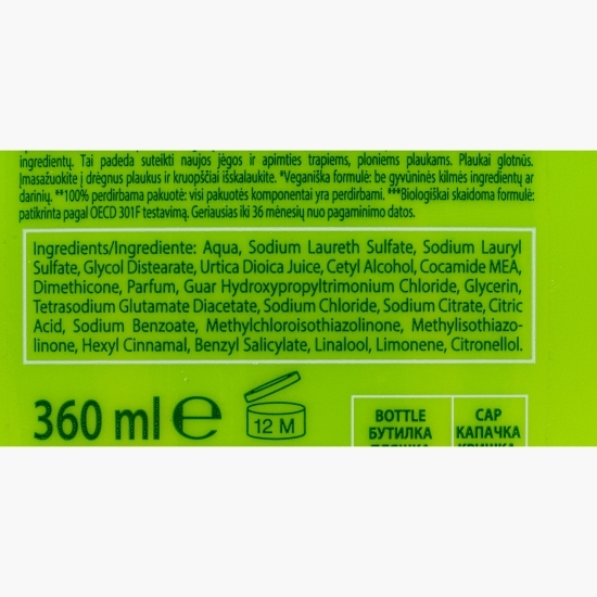 Șampon pentru păr fragil cu tendințe de rupere, cu extract de urzică 360ml