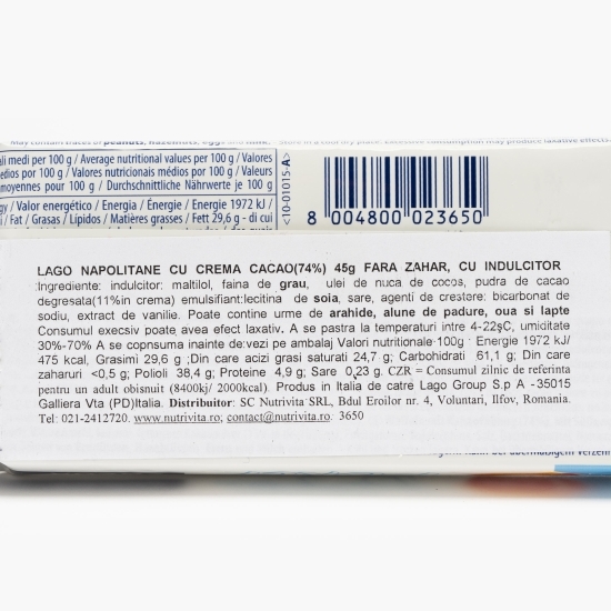 Napolitană cu cremă de cacao fără zahăr 45g