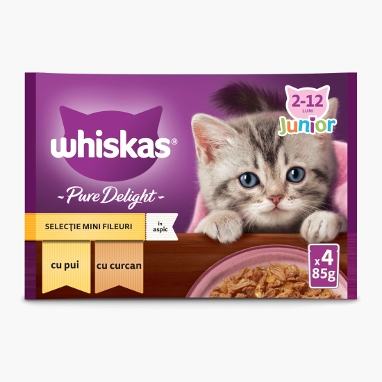 Hrană umedă pentru pisici junior, 4x85g, Pure Delight cu carne de pasăre în aspic