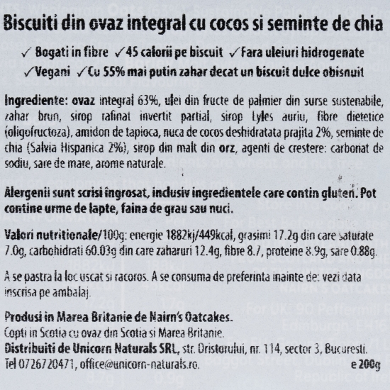 Biscuiți din ovăz integral cu cocos și semințe de chia 200g