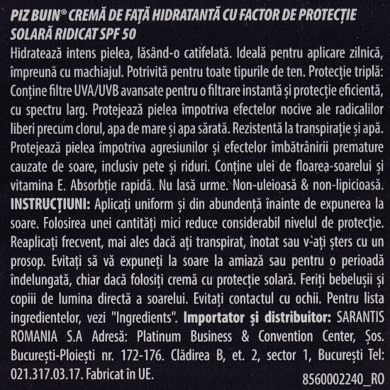 Cremă de față hidratantă cu factor de protecție solară SPF 50, 50ml