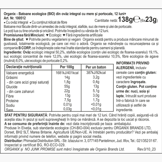 Batoane ecologice din ovăz integral cu mere și portocale, 6x23g, 12+ luni