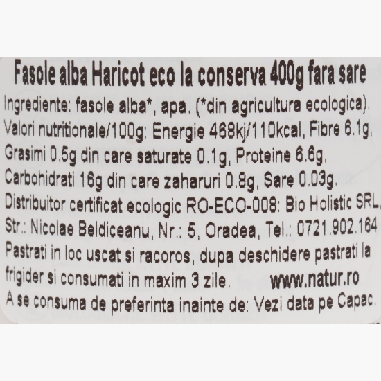Fasole albă Haricot, fără sare, eco 400g