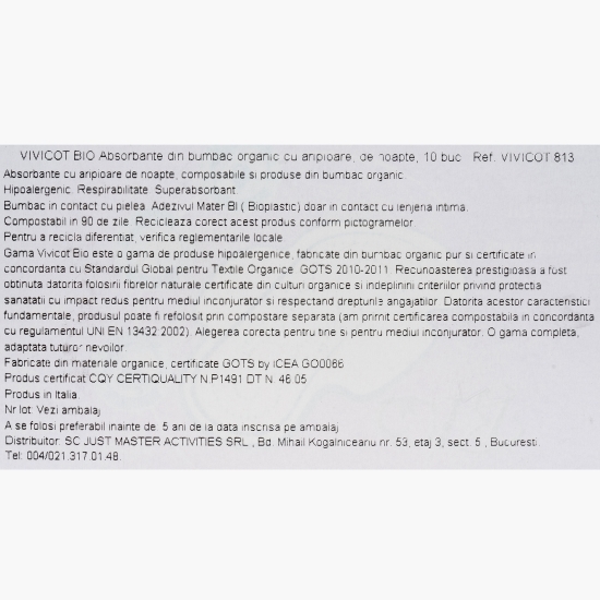 Absorbante cu aripioare, noapte, bumbac bio, 10buc