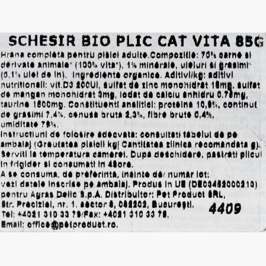Hrană umedă eco pentru pisici, 85g cu vită