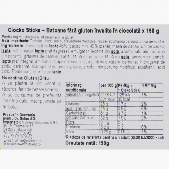 Batoane fără gluten învelite în ciocolată 150g 