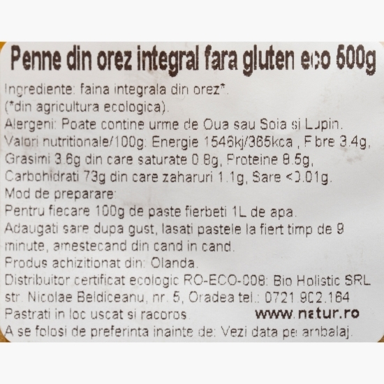 Paste eco penne din orez integral, fără gluten 500g