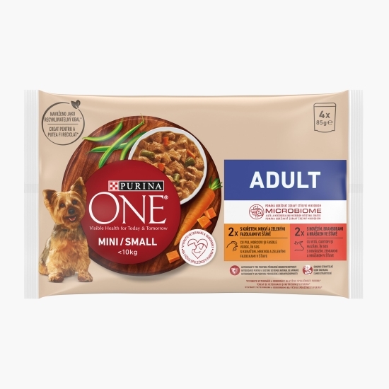 Hrană umedă pentru câini adulți One Mini, multipack - pui și morcov & vită și cartofi, 4 buc x 85g