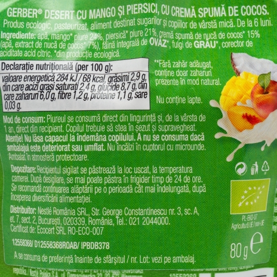 Desert ecologic cu mango și piersici, cu mousse de cocos 80g, +6 luni
