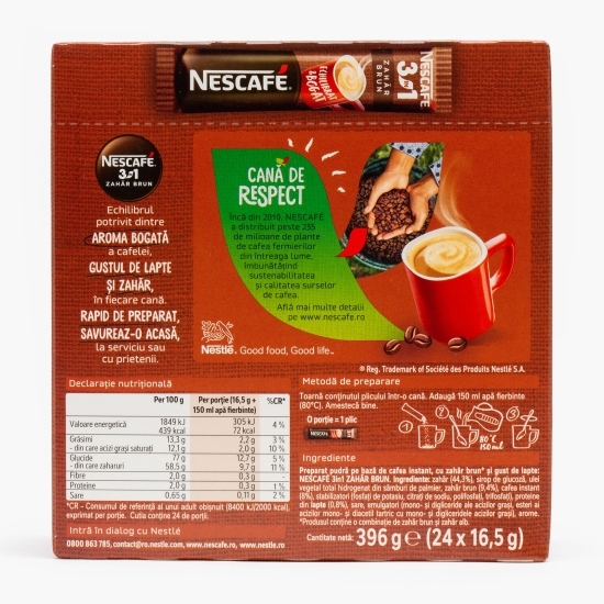 3în1 zahăr brun plicuri, 24x 16.5g, mix de cafea instant 