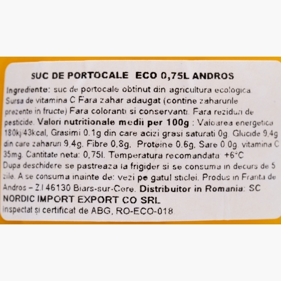 Suc de portocale eco fără zahăr adăugat 0.75l
